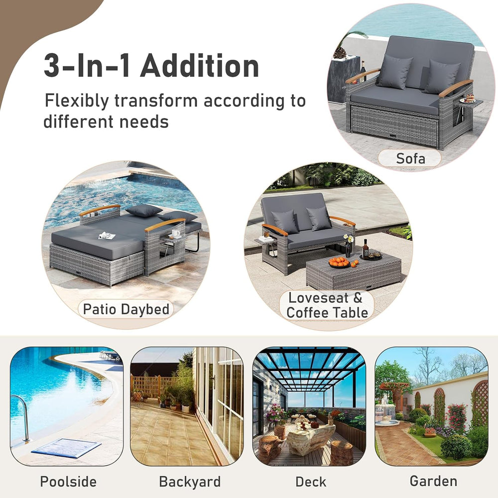 LDAILY Moccha Outdoor Wicker Daybed, Patio Rattan Loveseat Sofa w/ 4-Level Ad...