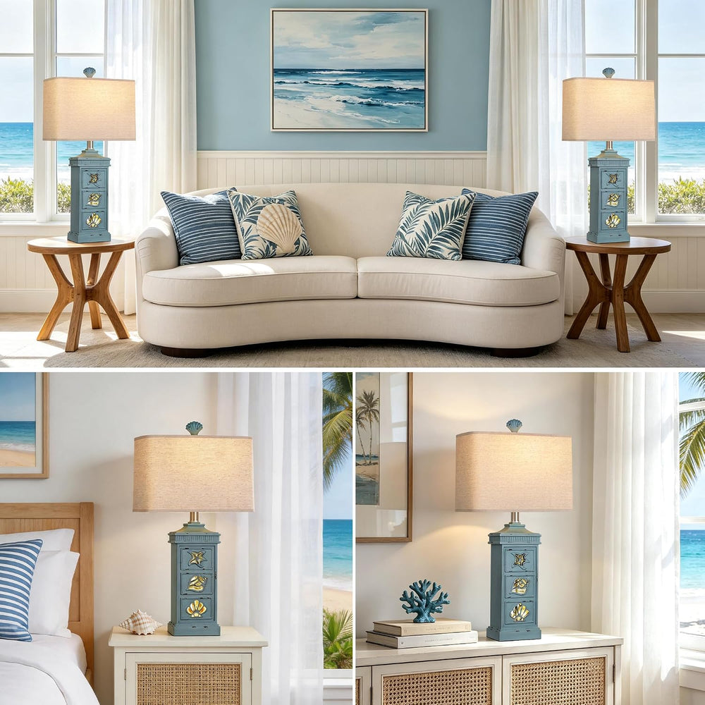 Hamucd Coastal Table Lamps for Living Room Bedroom Set of 2 with Nightlight