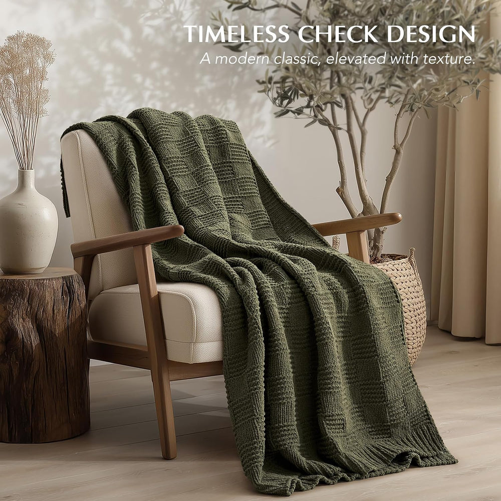 EVERGRACEHOME Modern Checkered Chenille Throw Blanket, 50x60, Olive Green