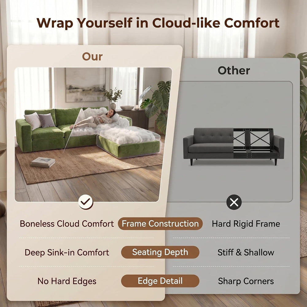 119" Modular Sectional Cloud Sofa, No Assembly Boneless Couch with Ottoman
