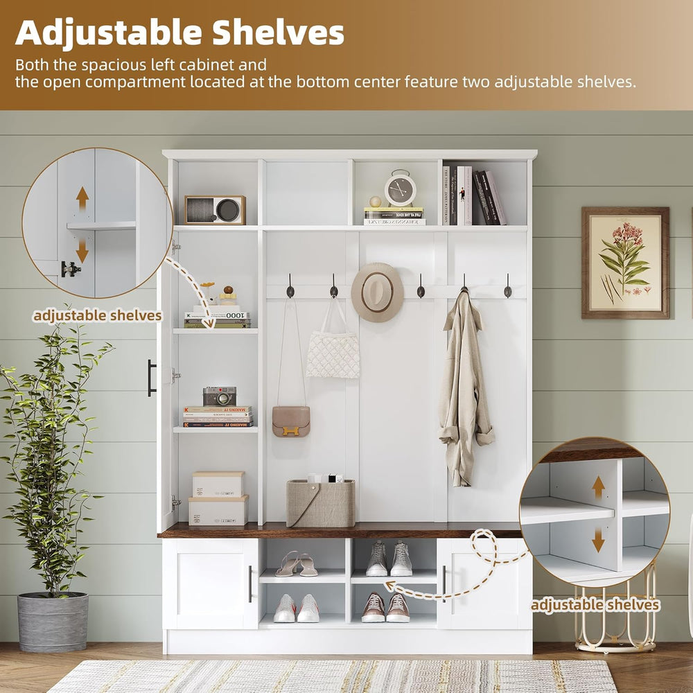 Merax Farmhouse Wood Hall Tree with 6 Hooks and Shoe Bench, Mudroom Versatile...
