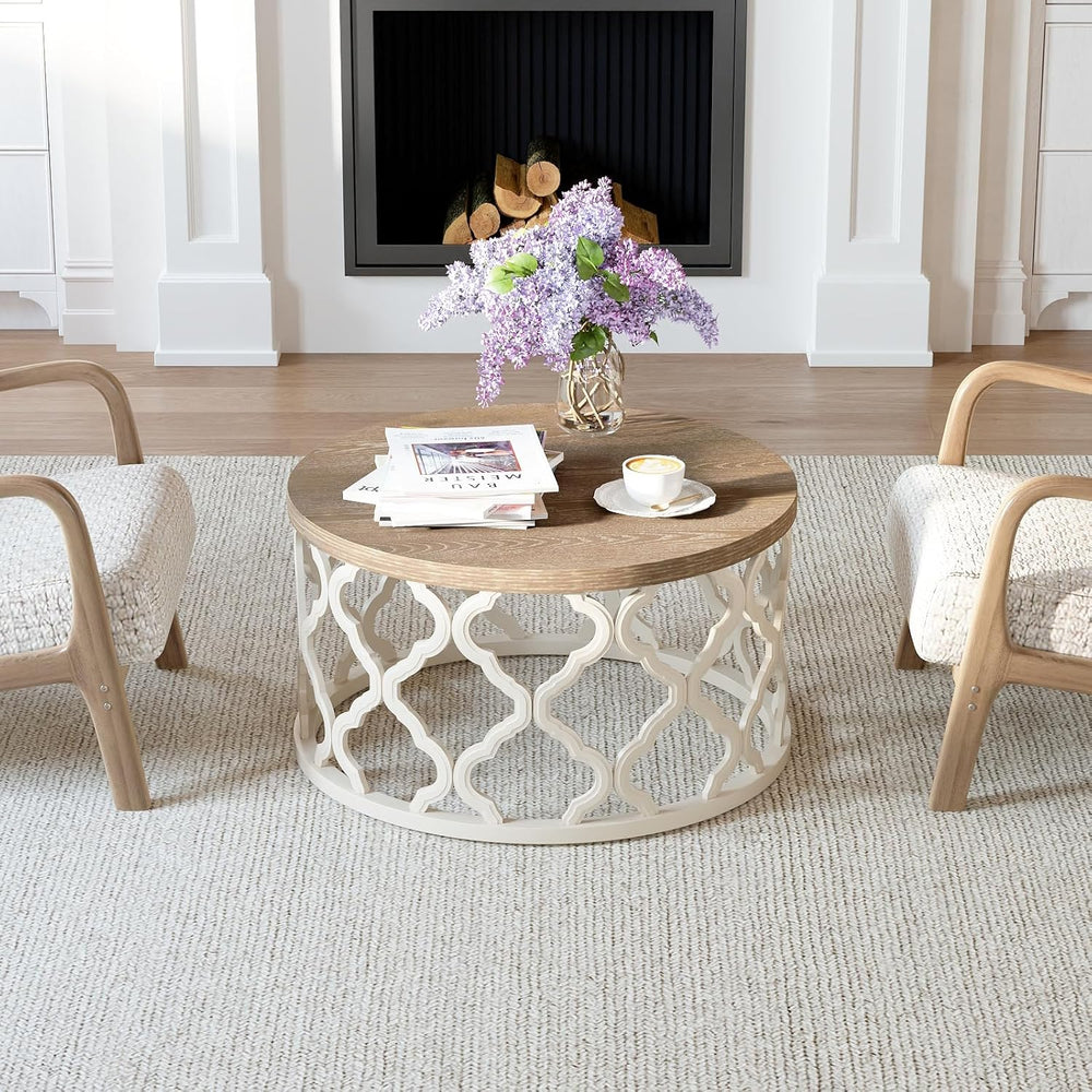 karlott Farmhouse Coffee Table, French Country Round Coffee Table, Beige