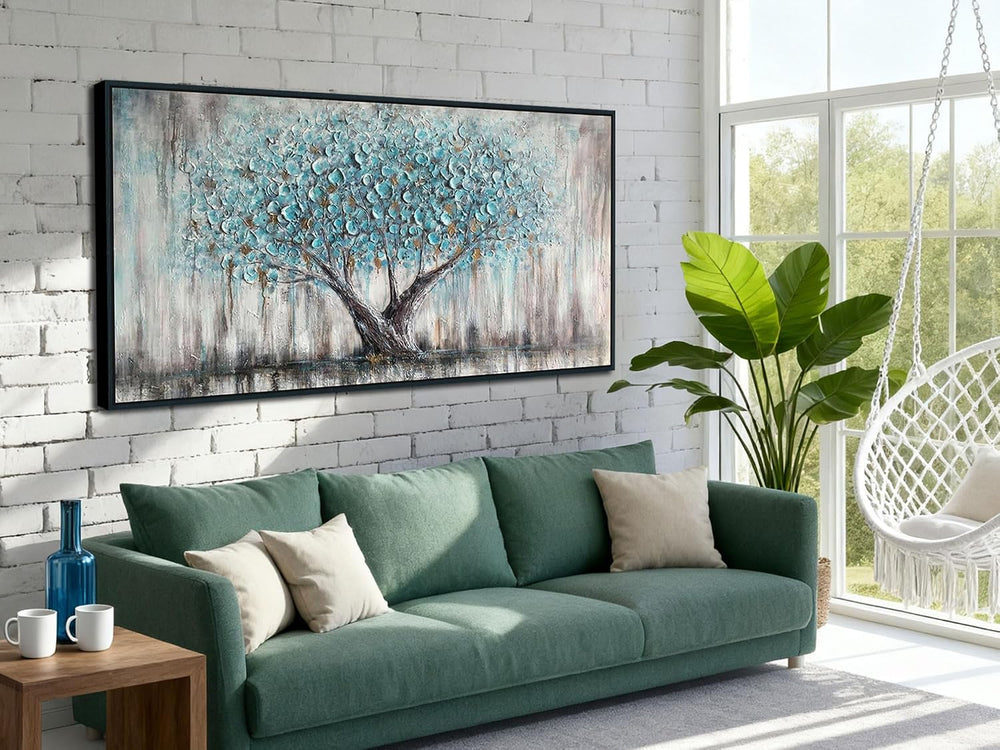 Arjun Framed Blue Tree Canvas Wall Art Extra Large Tree of Life Teal 58x29