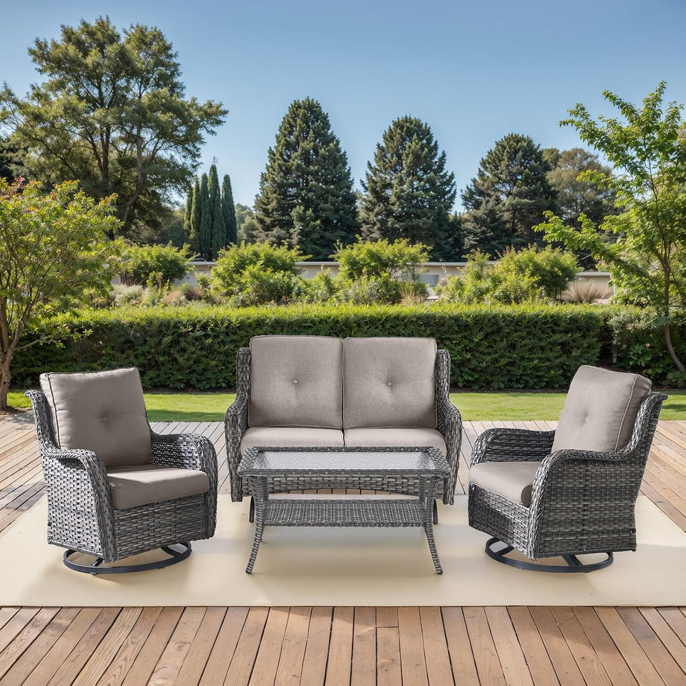 Patio Loveseat Glider Set, Resin Wicker Loveseat Glider with 2 Swivel Patio C...
