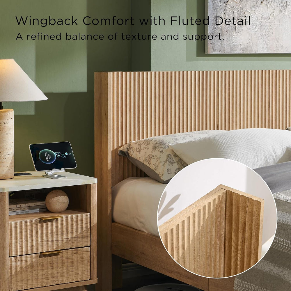 T4TREAM Fluted King Bed with Headboard and Storage Bench, Natural Oak