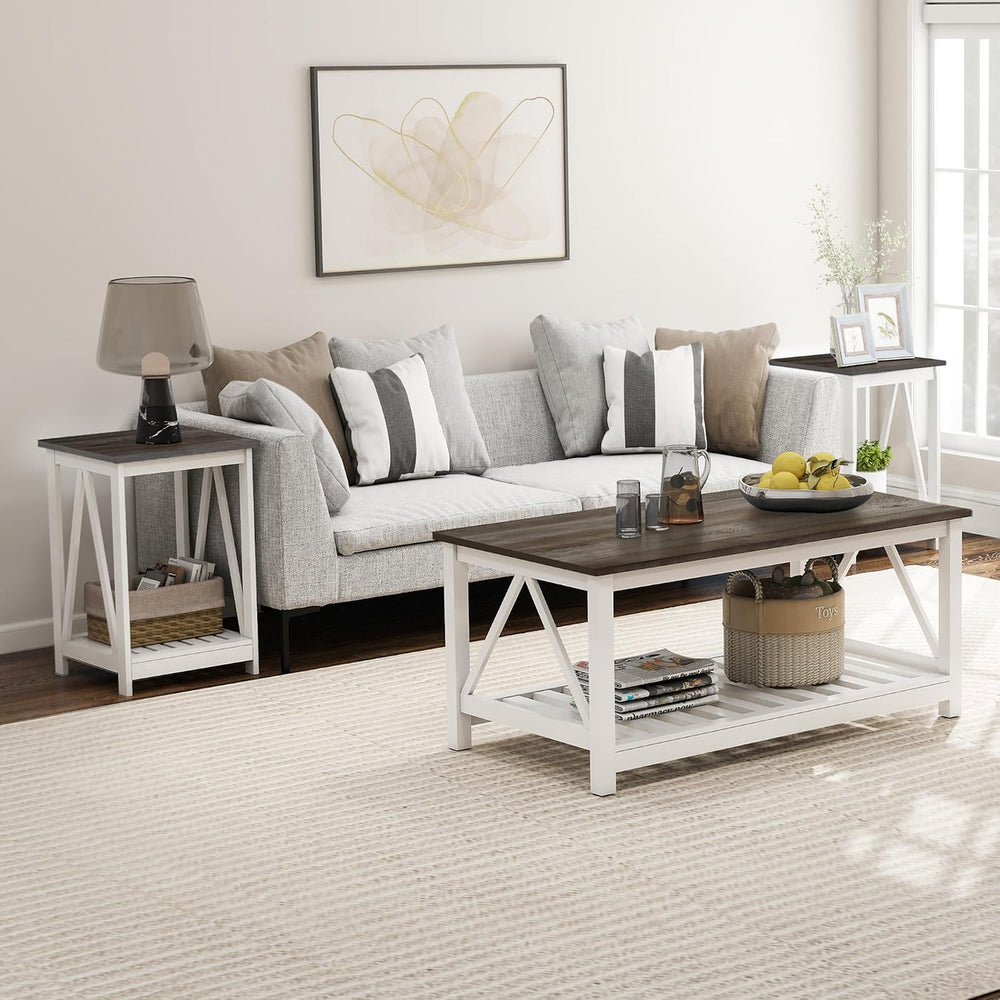 End Table, Farmhouse Square Side Table with Slat Shelf, 15.7" Dark Grey