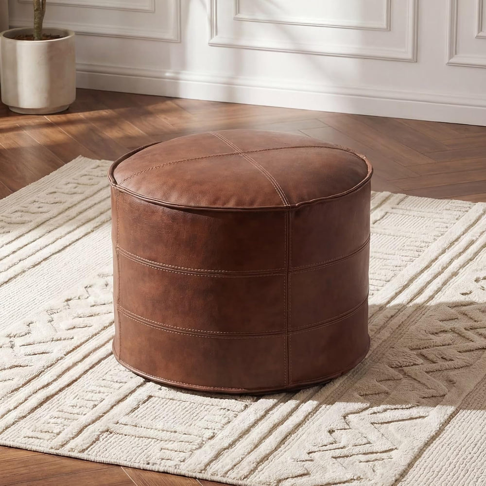 Leather Round Ottoman,Pouf for Living Room (Brown, Round)