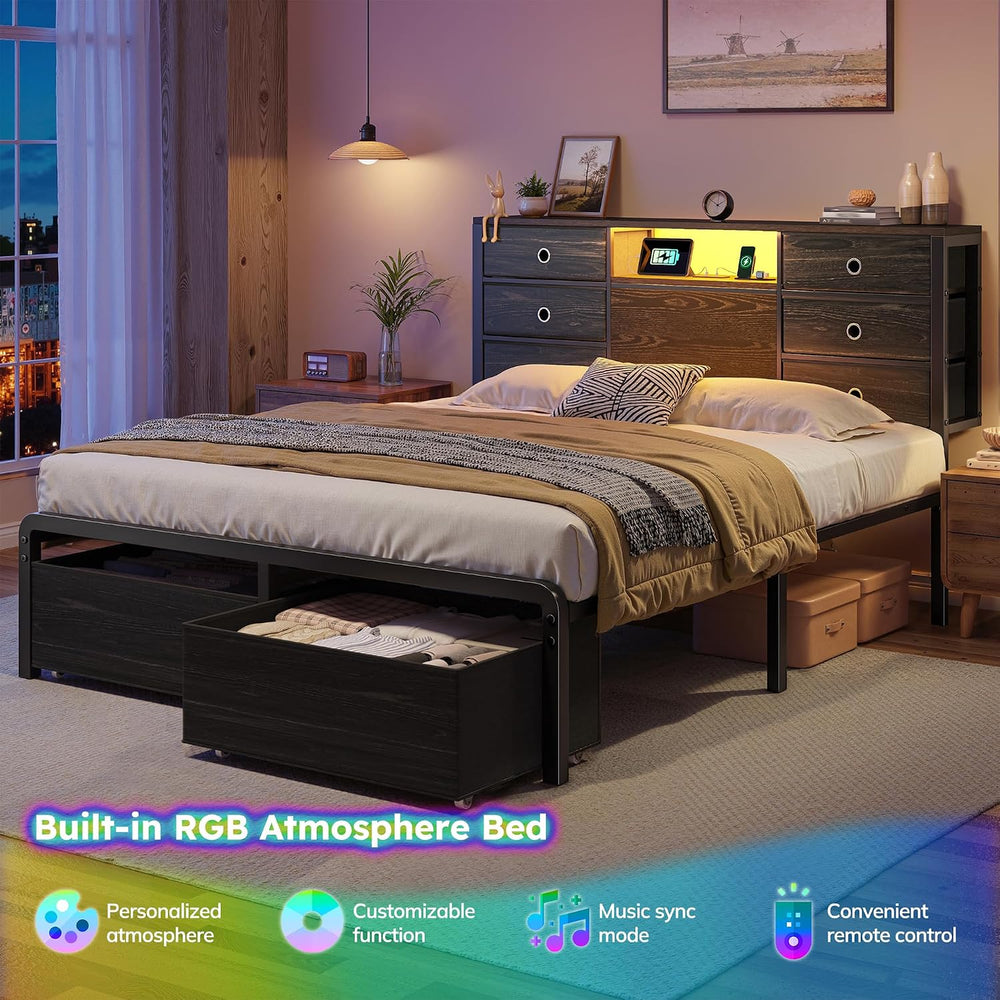 Homkdom Queen Size Bed Frame with 8 Drawers and Charging Station,Black