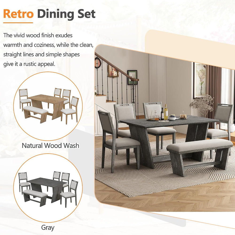 Merax 6-Piece Retro Dining Set with Table, 4 Chairs, Bench, Antique Gray