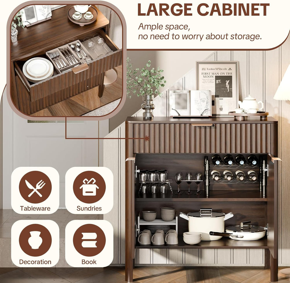 Fluted Buffet Cabinet Accent with Doors & Drawer 30" Walnut