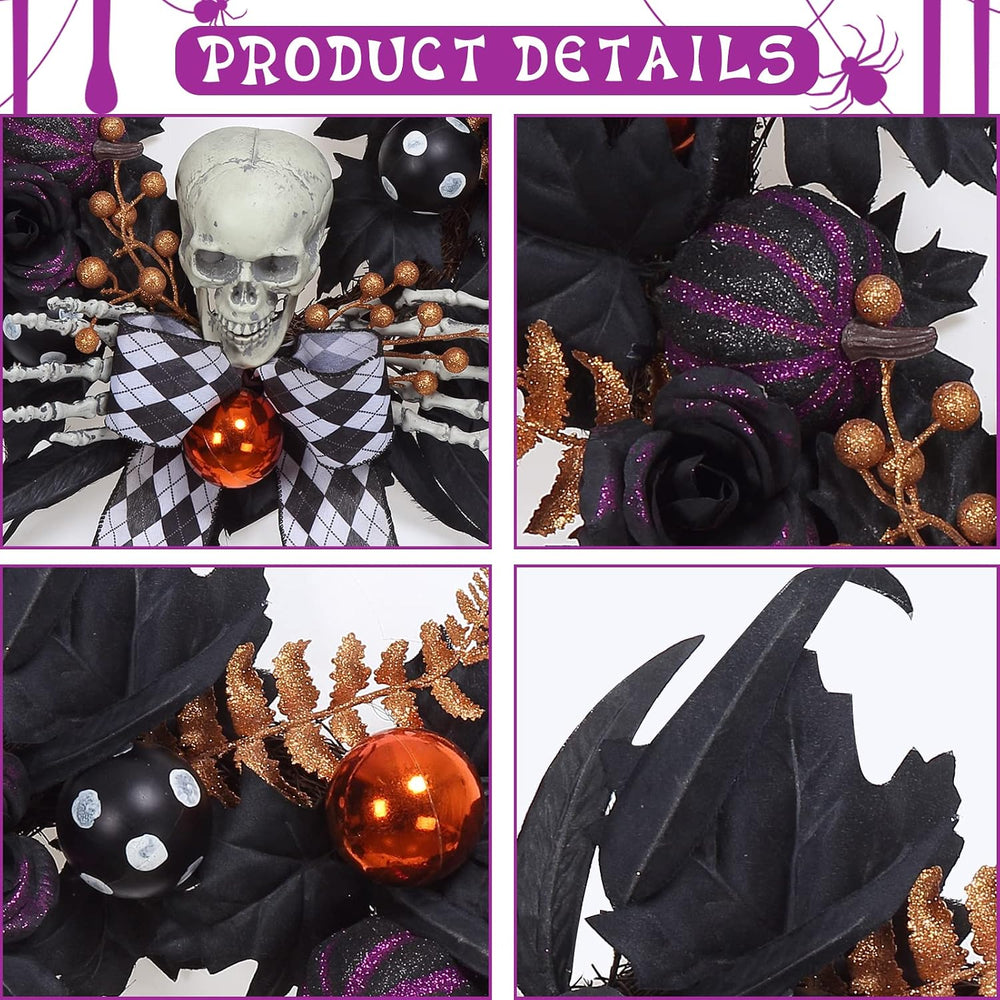 Halloween Wreath for Front Door Halloween Skeleton Decorations, 20 Inch Pumpk...