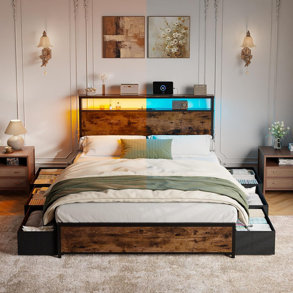 Forestell Full Size Bed Frame with 2-Tier Storage Headboard & 6 Drawers