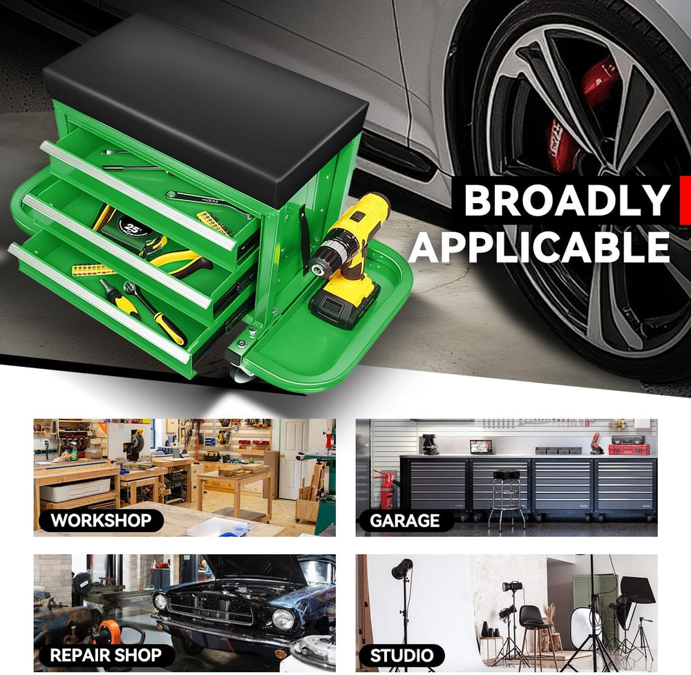 Auto Dynasty Mechanic Rolling Seat, 3-Drawer w/Tool Tray, 350LBS, Green