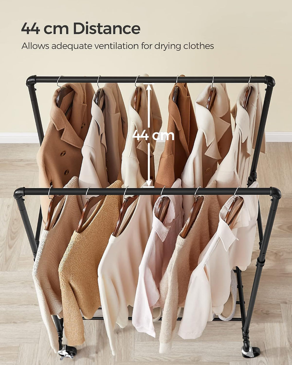 SONGMICS Heavy-Duty Clothes Rack, Double-Rod, Metal Frame on Wheels
