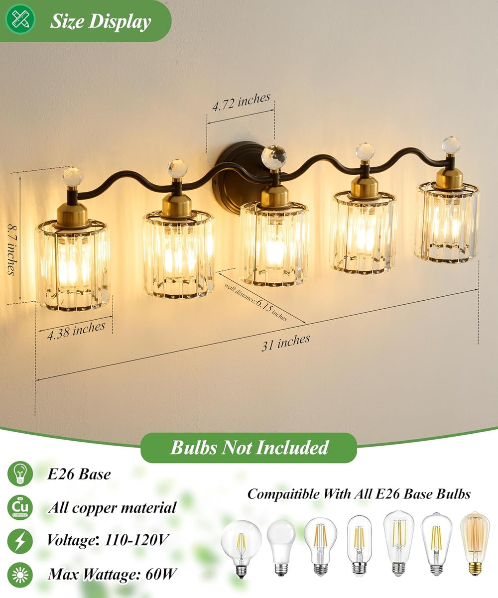 Black&Gold Bathroom Vanity Light Fixtures Over Mirror,5-Light Crystal Bat...