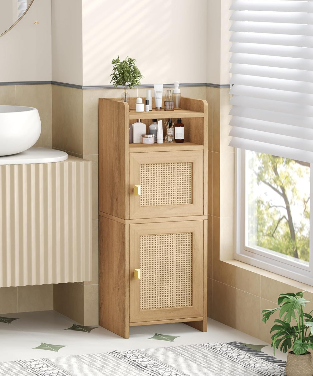 Akxomel Rattan Small Bathroom Cabinet with Open Shelf Wooden Floor Unit