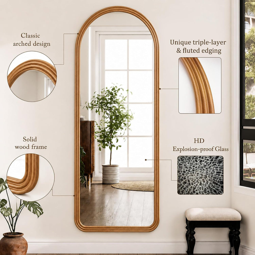 24x65 Inch Wood Arched Full Length Floor Mirror, Natural Wood