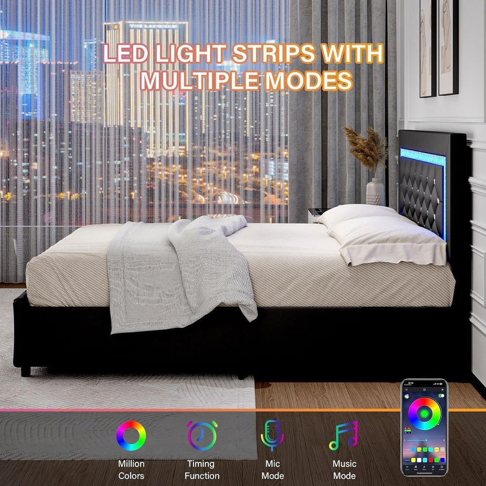 BarnFurin Queen Bed Frame with LED Headboard and Storage Drawers,Black