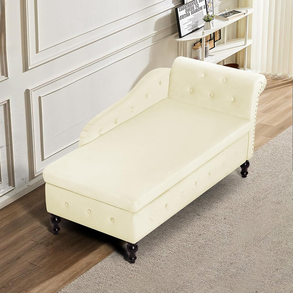 Velvet Chaise Lounge w/Right Armrest & Storage Space, Beige