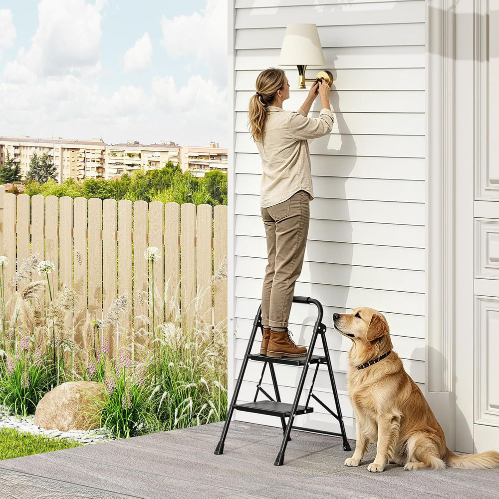 KINGRACK 2 Step Ladder Folding Step Stool with Handrail for Kitchen Black