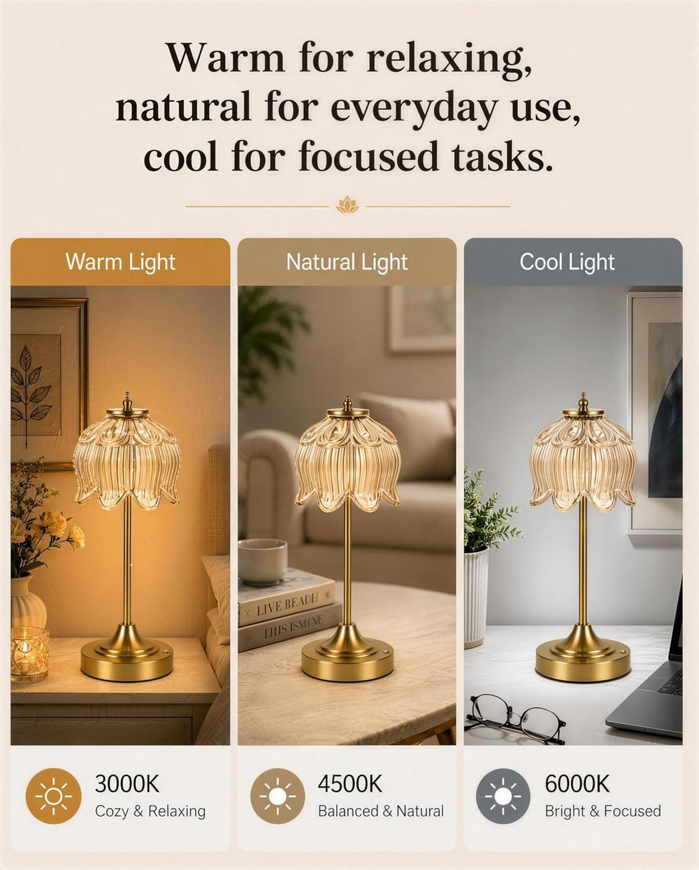 Lotus Flower Cordless Rechargeable Table Lamp, 3 Color Modes, Touch Control