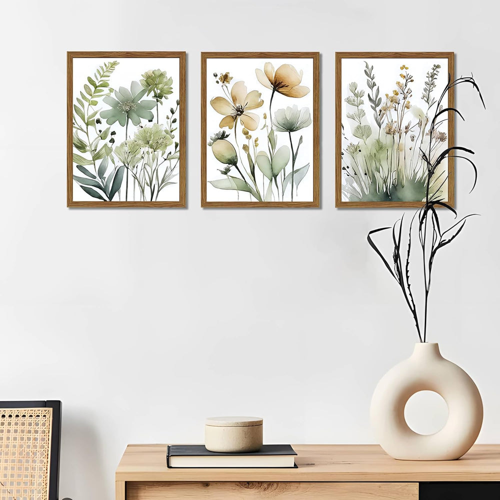 Wood Framed Sage Green Botanical Wall Art Set of 3, Boho Floral Canvas Wall D...