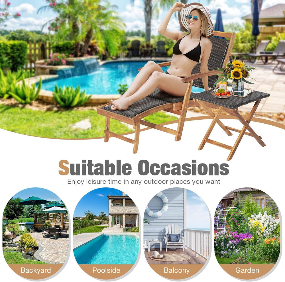 RELAX4LIFE Patio Chaise Lounge Chair Set of 3, Acacia Wood Folding Rattan Wic...