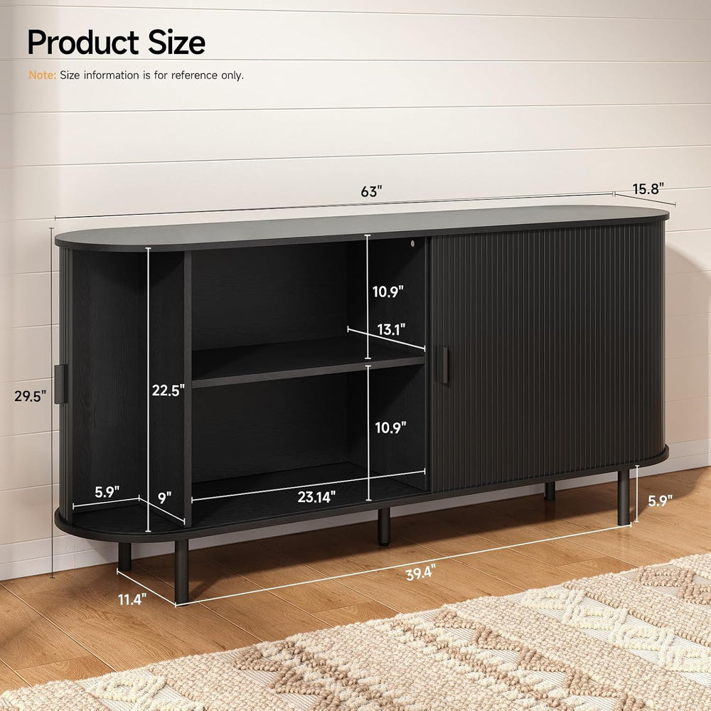 ONBRILL 63" Sideboard Buffet Cabinet, Sliding Door/Adjustable Shelf, Black