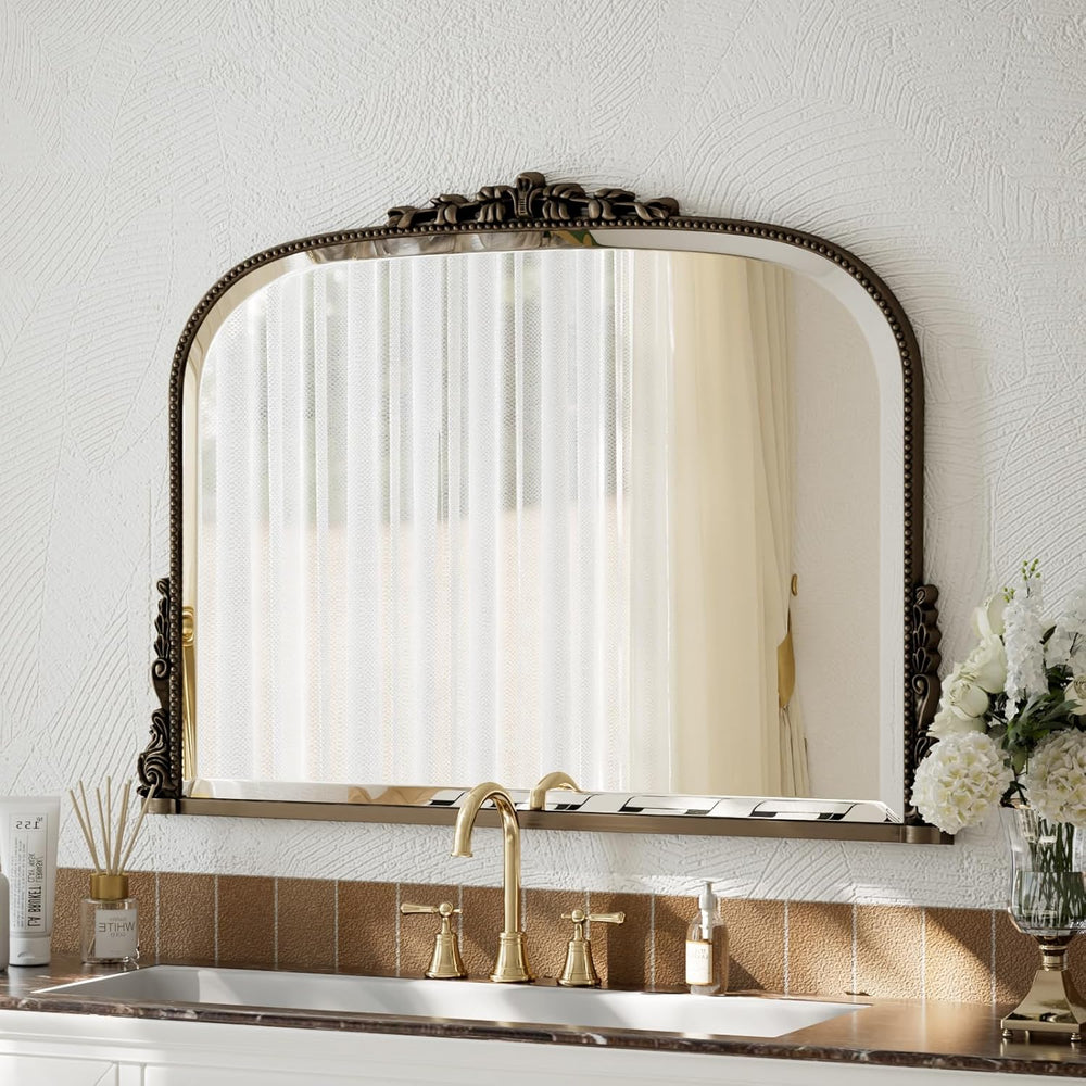 27"×36" Bronze Wide Arched Wall Mirror with Vintage Carving