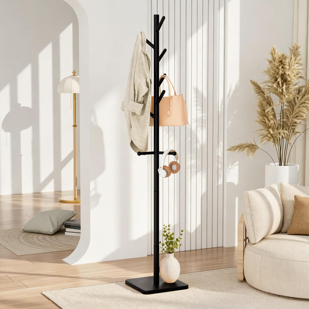 Nianerfaya Solid Wood Coat Rack, Free Standing Hall Coat Tree, Black