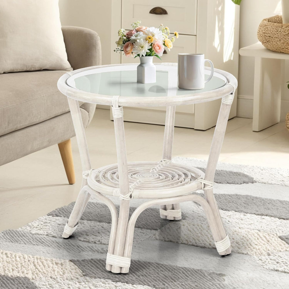 Leo Rattan Wicker Round Accent Coffee Table with Glass, White Color