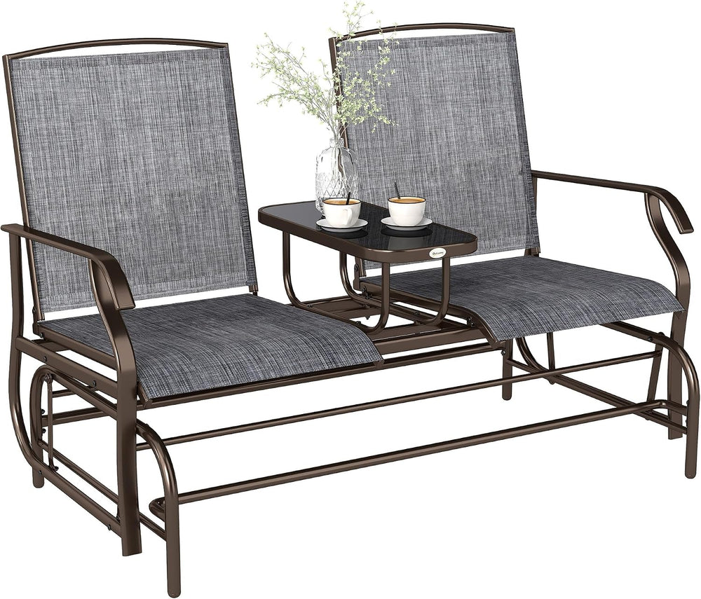 Outsunny Outdoor Glider Bench with Center Table Metal Frame Armrests Gray