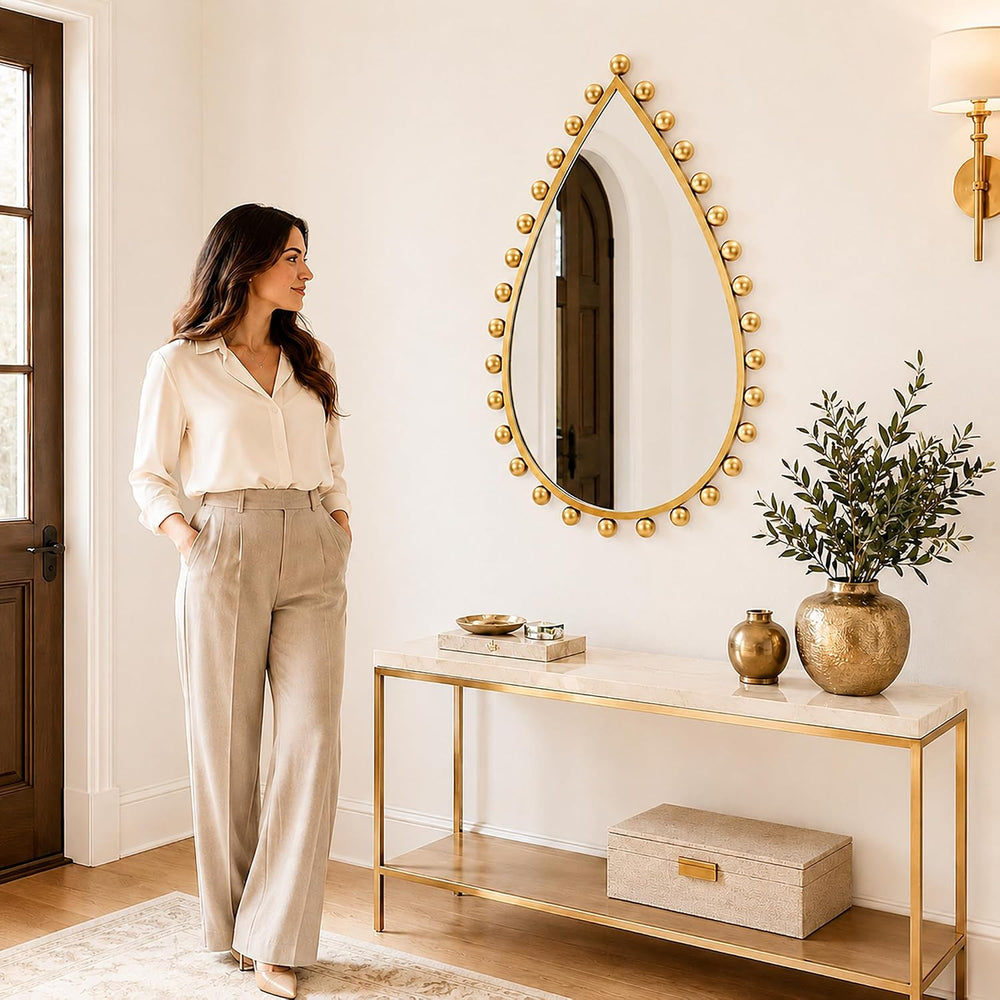 24x36 inch Teardrop Wall Mirror, Antique Gold Beaded Ball Frame