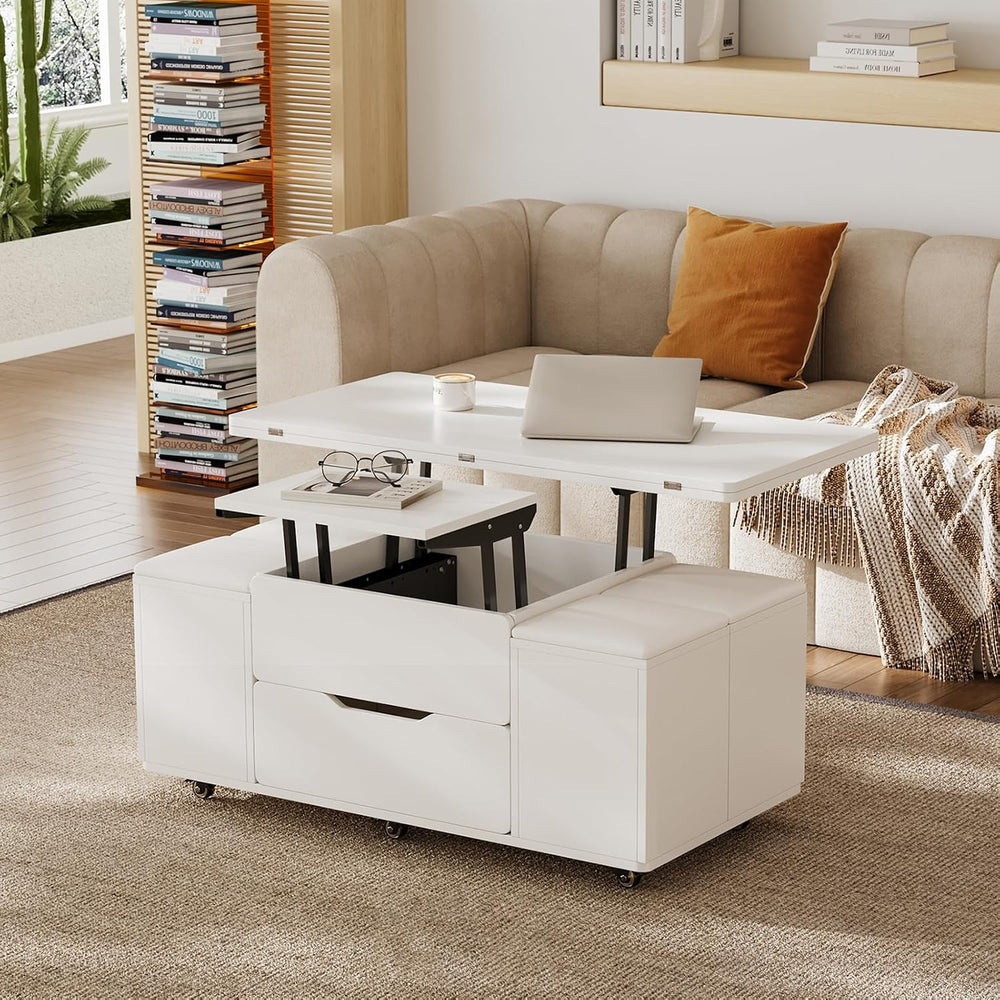 homary White Lift Top Coffee Table with Hidden Storage, 3 in 1 Multi-Function...