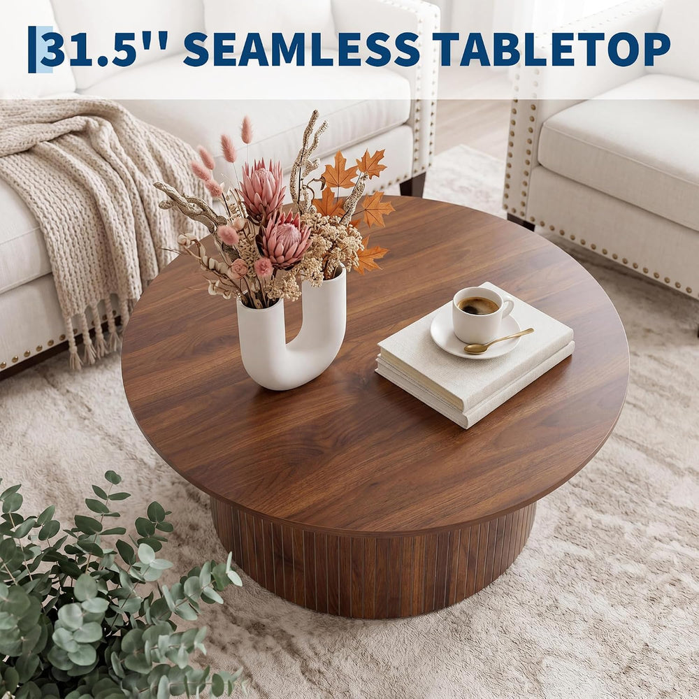 Garvee 31.5" Round Coffee Table, Small Coffee Table with Fluted, Walnut