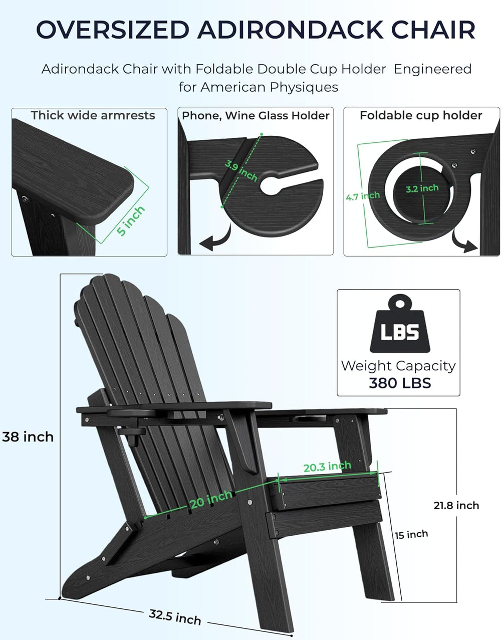 Adirondack Chair Set of 2 with 2 Cup Holders&Table, Coffee