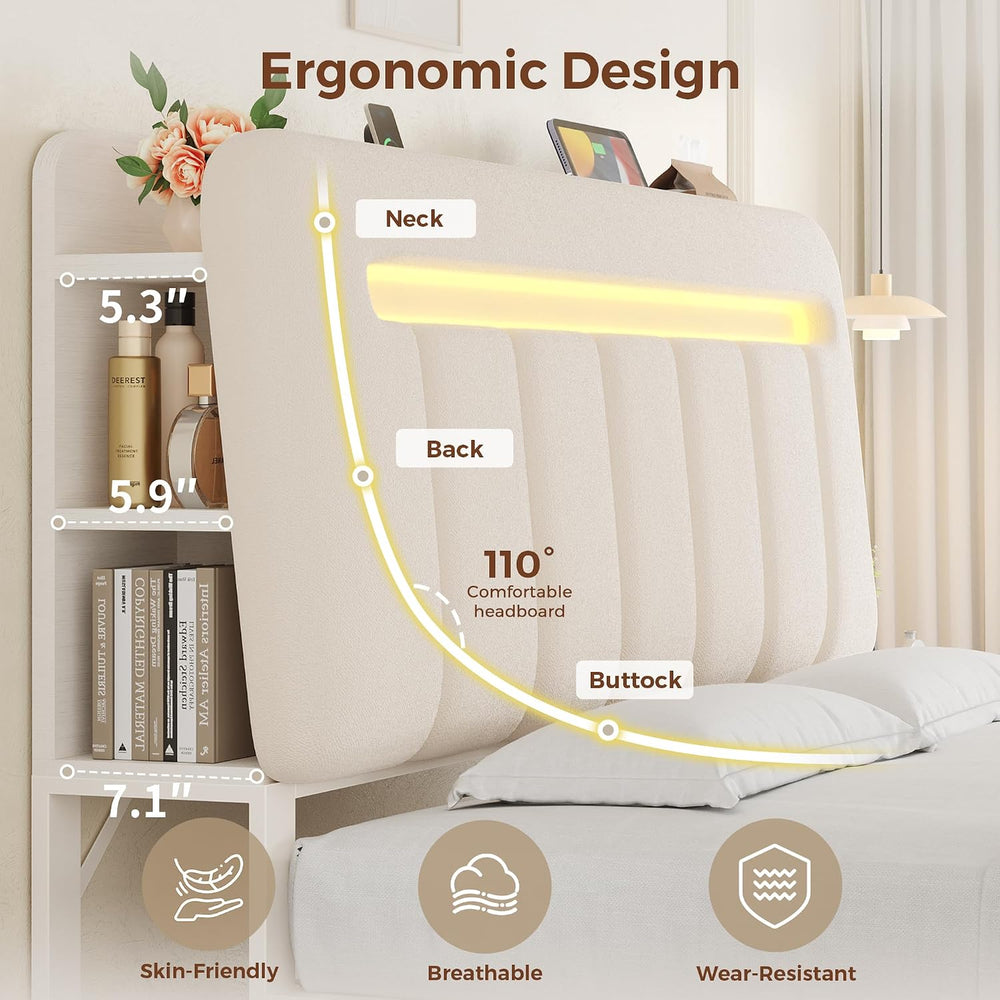Jocoevol Full Size Bed Frame with Storage Headboard,Upholstered White Bed Fra...