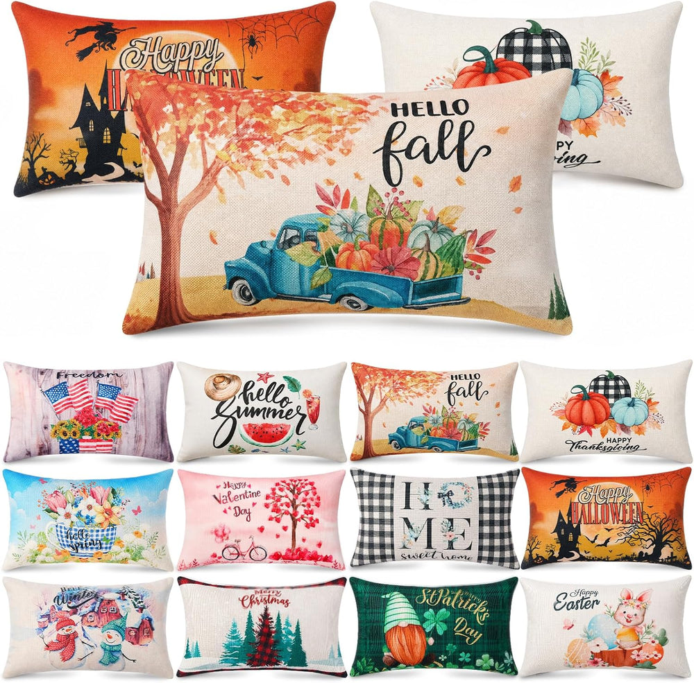 Newwiee 12 Sets Holiday Pillow Covers 12 x 20 Inch
