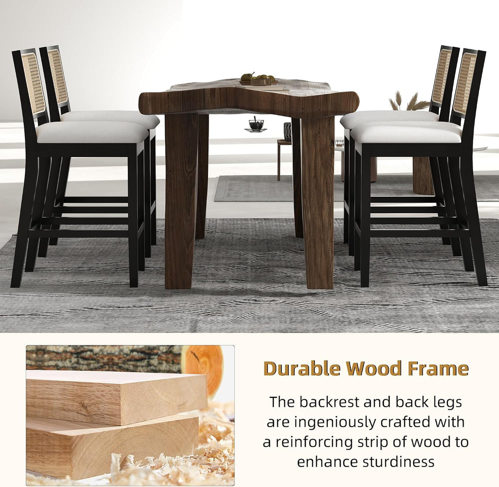 Rattan Bar Stools Set of 4, 26" Counter Height, Durable Black Wood Frame