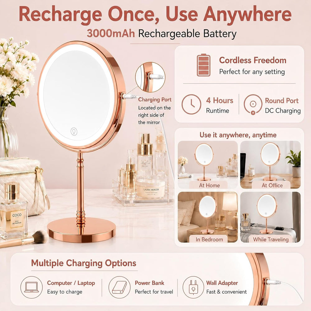 DEIOVWXS Makeup Mirror, Rechargeable Vanity Mirror with 3 Lights, 1X/10X