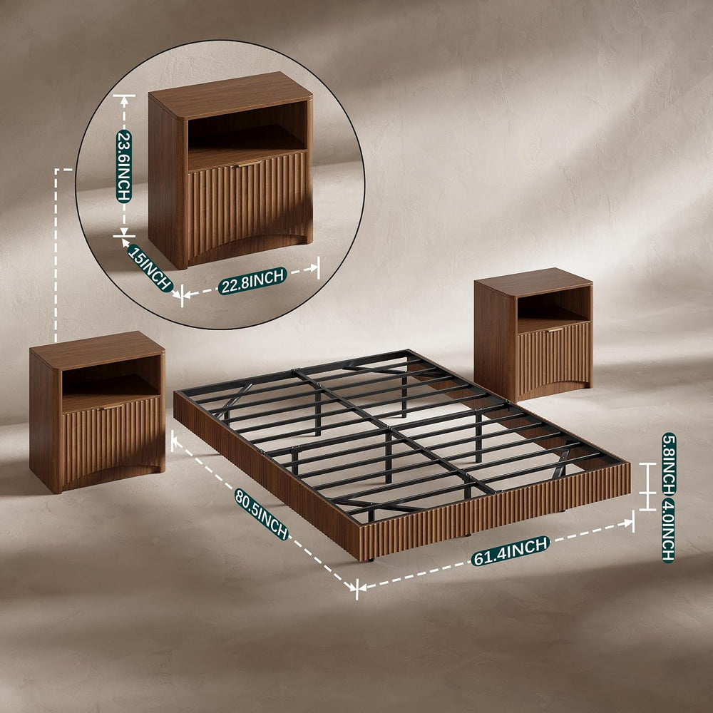 Evermagin Queen Bedroom Set, Fluted Floating Bed Frame & Nightstands,Walnut