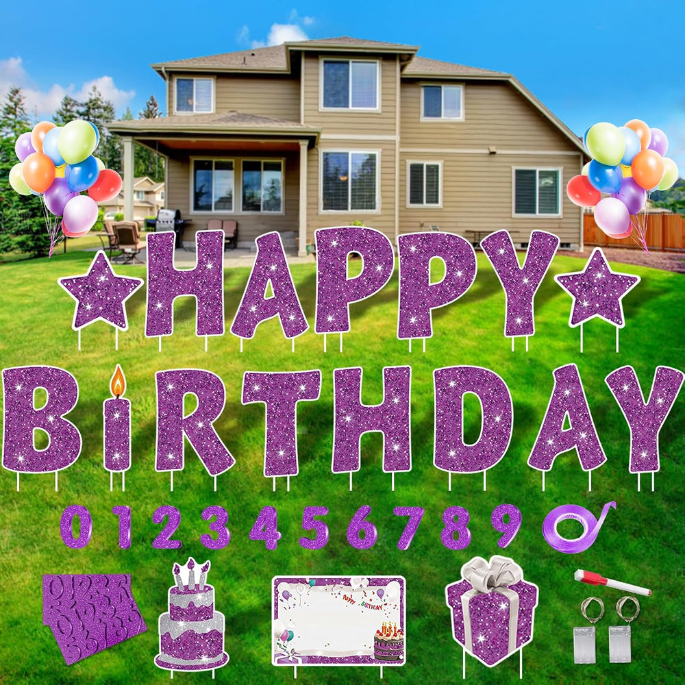 18Pcs Happy Birthday Yard Sign with Stakes,Led Light,16" Lawn Decor