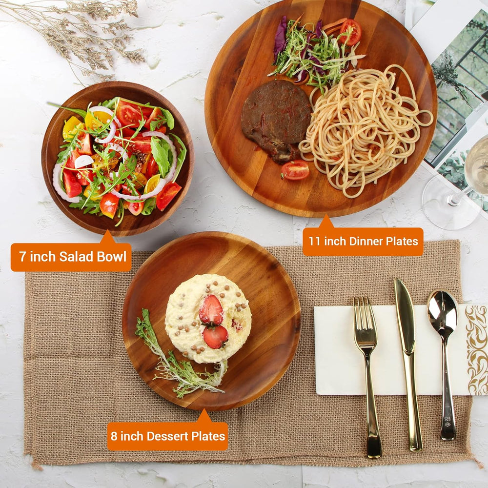 AIDEA Acacia Wood Dinner Plates, 8 Inch Round Wood Plates Set of 4, Easy Clea...