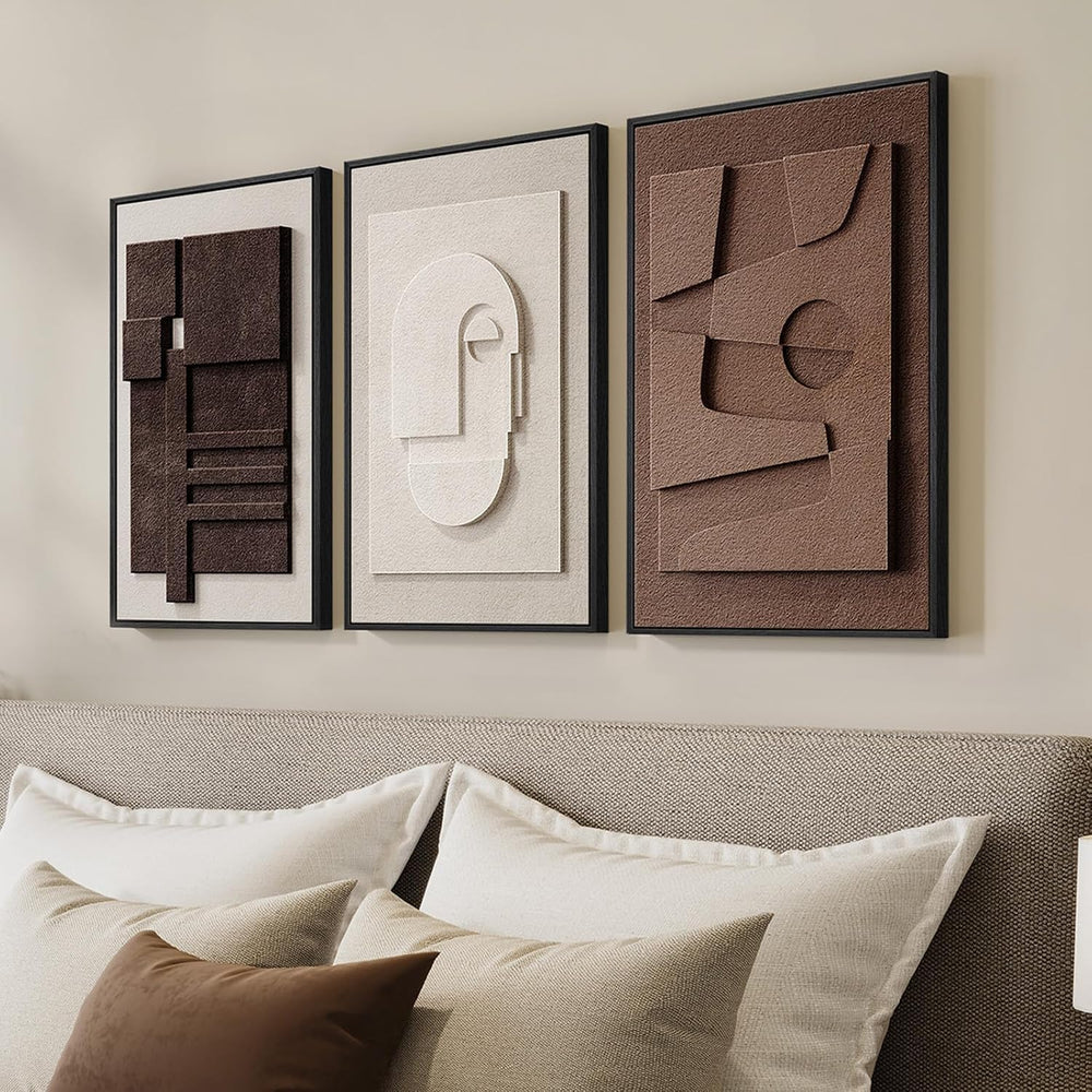 3D Textured Framed Brown and White Abstract Wall Art Set, 3 Piece 16x24 In