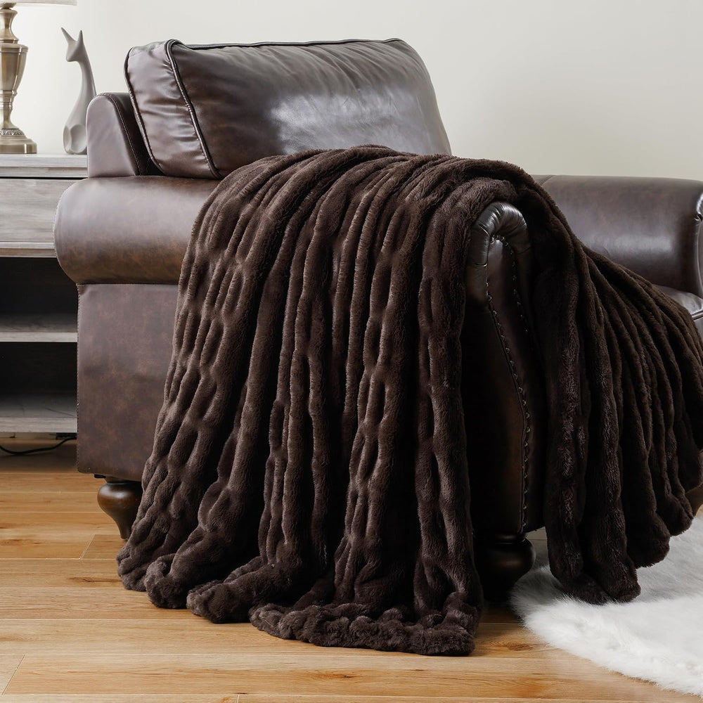 Battilo Dark Brown Faux Fur Throw Blanket for Couch, 50"x60", Doubl...