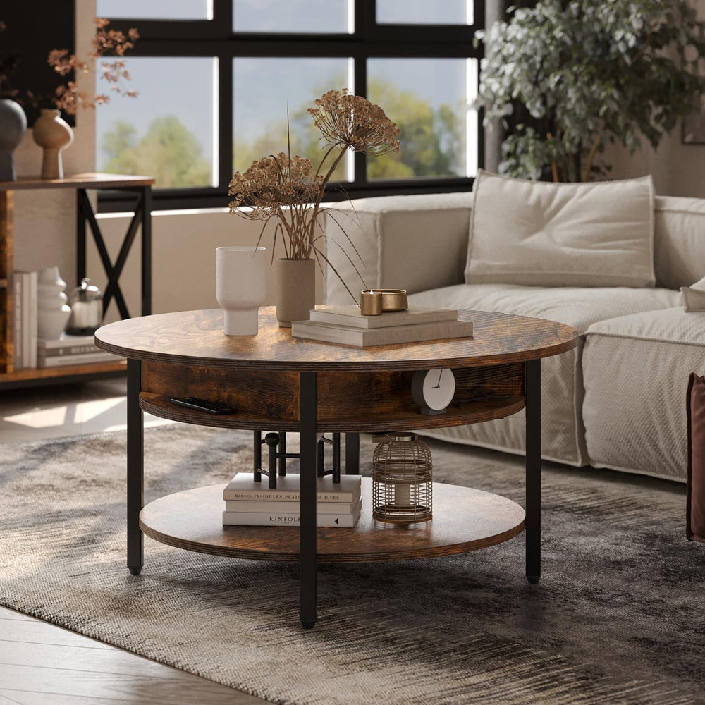 FABATO 26.77” Round Lift Top Coffee Table with Storage, Rustic Brown