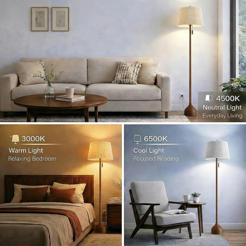 MOFFE Mid Century Modern Real Wood Floor Lamp with 2 Shades for Two Looks
