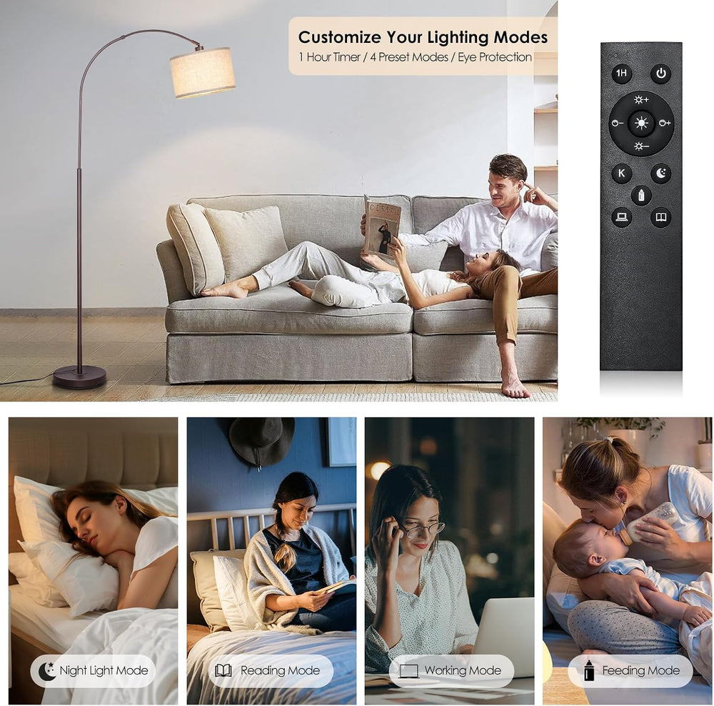 Qingmiao Dimmable Arc Floor Lamp, Remote & Foot Switch, Adjustable Shade