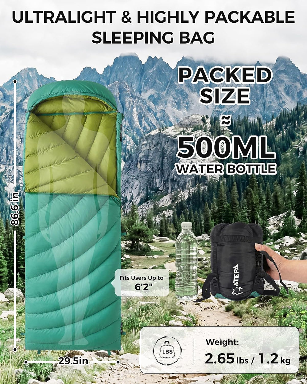 ATEPA Down Sleeping Bag for Adults, Hybrid, 3 Season, Lightweight