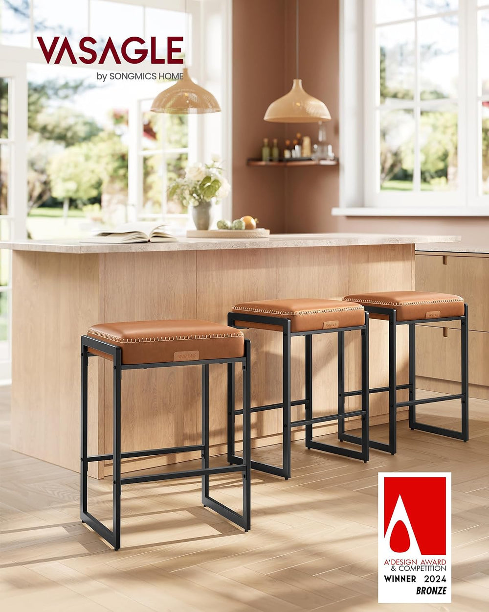 VASAGLE Bar Stools Set of 3, Counter Height, PU Leather, 26-Inch